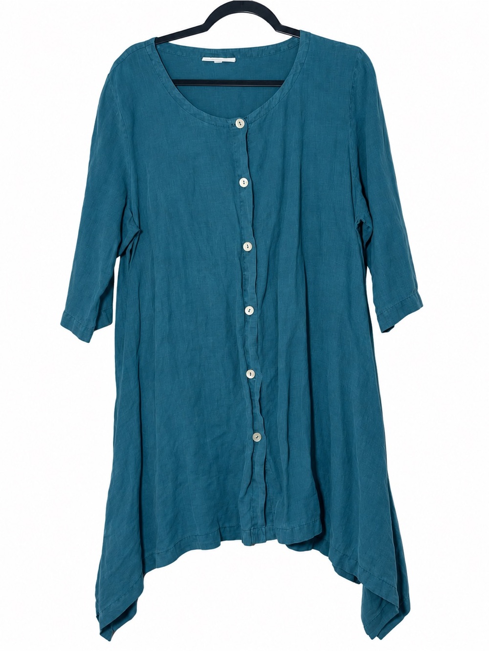 Bryn Walker Teal Blue Button Front Linen Tunic Top Medium Handkerchief Hem
